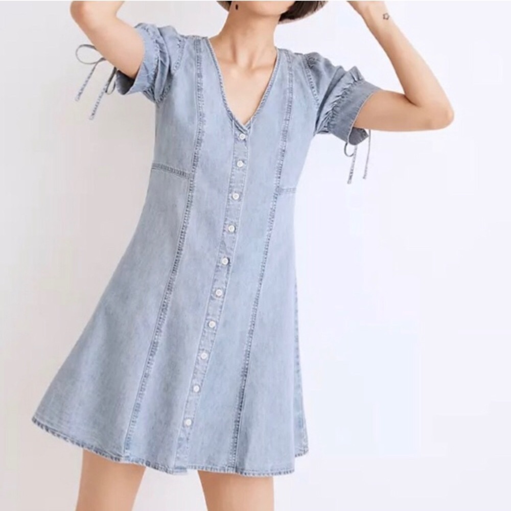 Madewell Blue Puff Sleeve A-Line Mini Dress